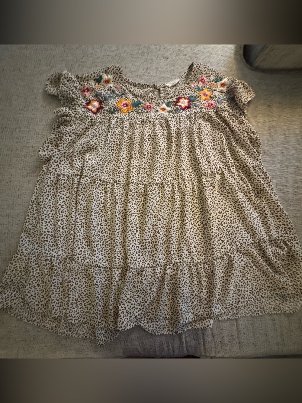 Embroidered Floral Leopard Print Peasant Blouse - Beige